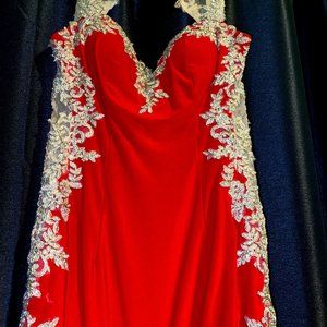 Red, Sheath Mermaid Silhouette Gown Lace Trim